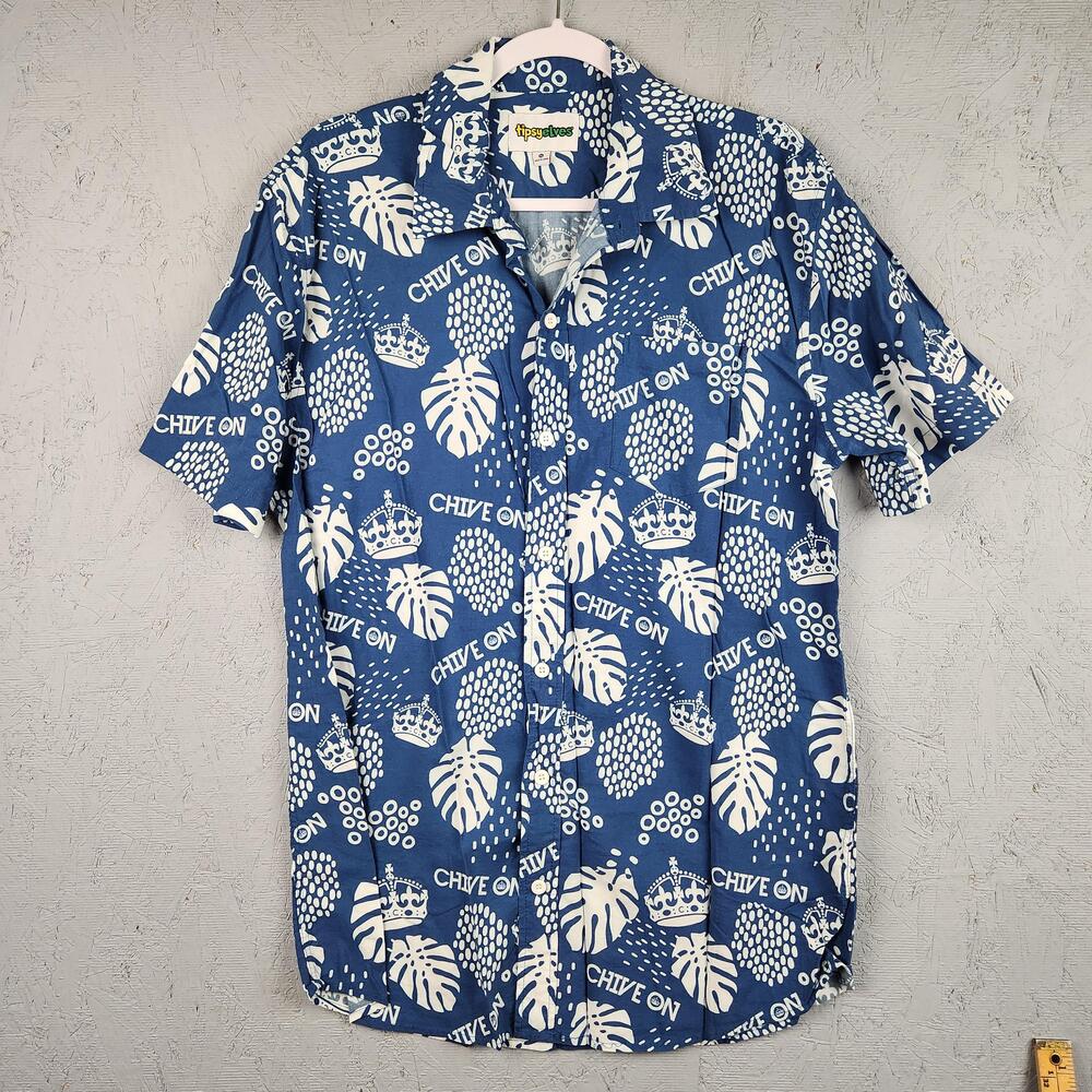 Tipsy Elves Shirt Mens XL Blue White Chive On Crown Leaf Hawaii Aloha Party